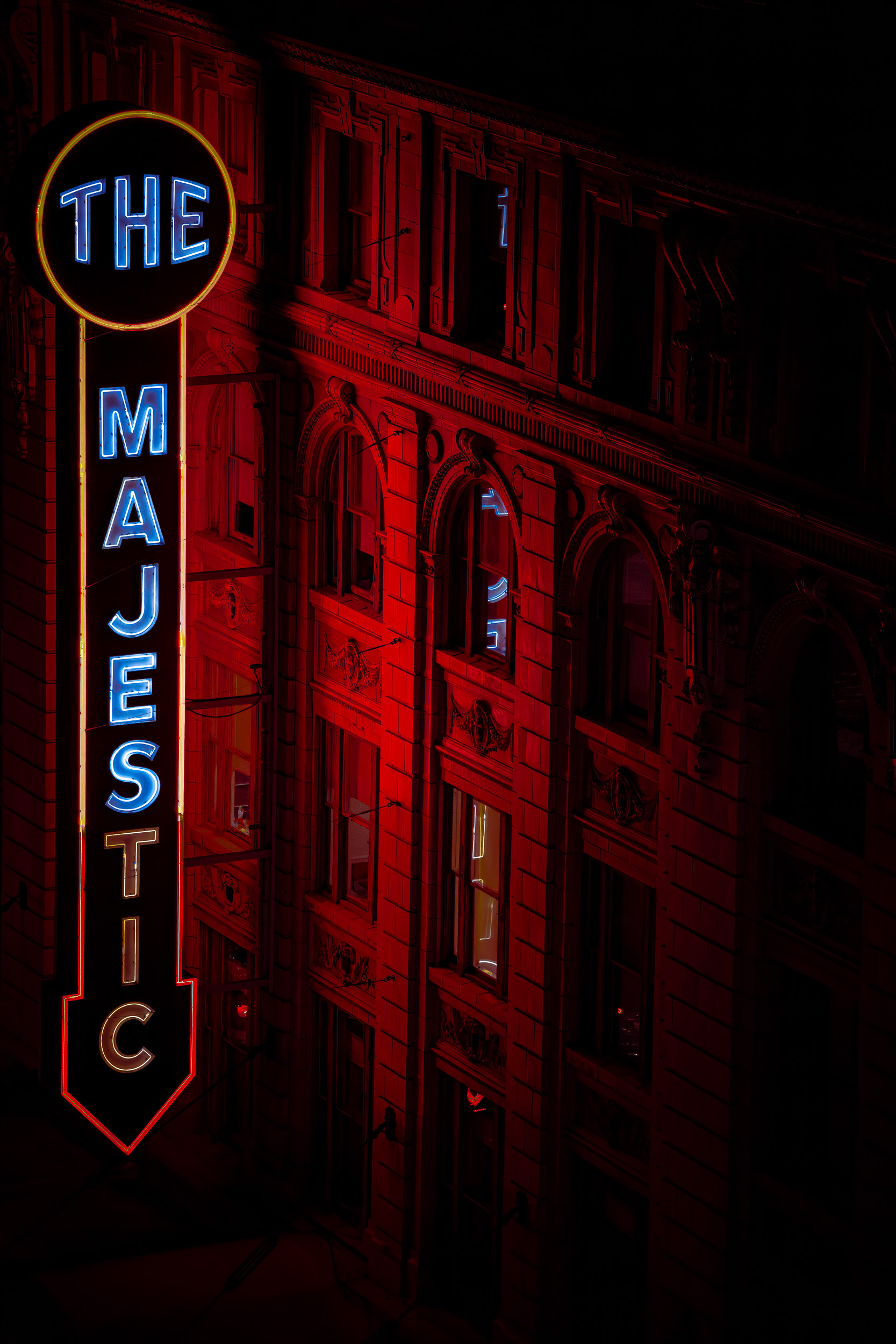 Majestic Theatre marquee neon at night, Dallas