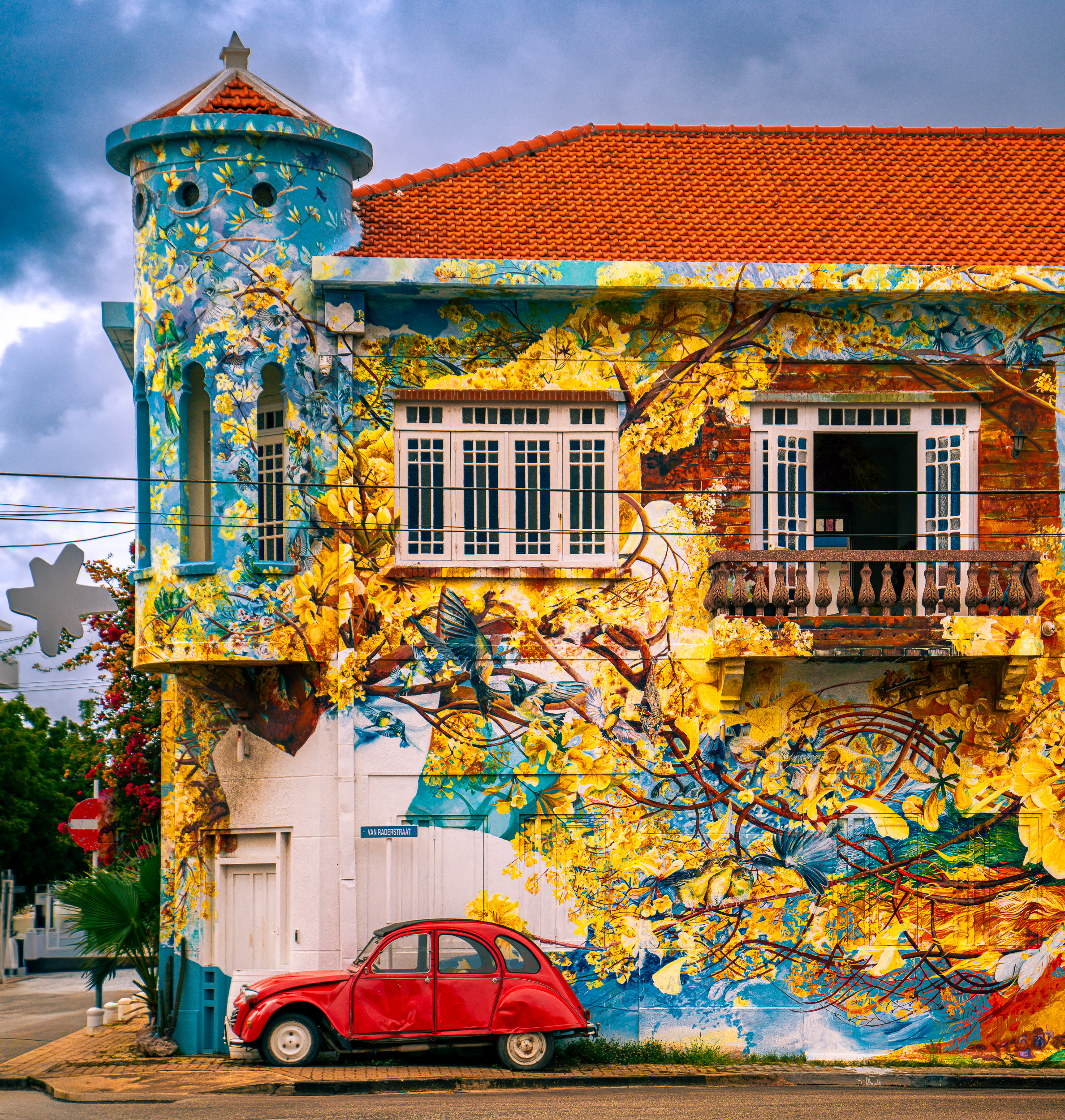 Mural house with a red car, Curacao