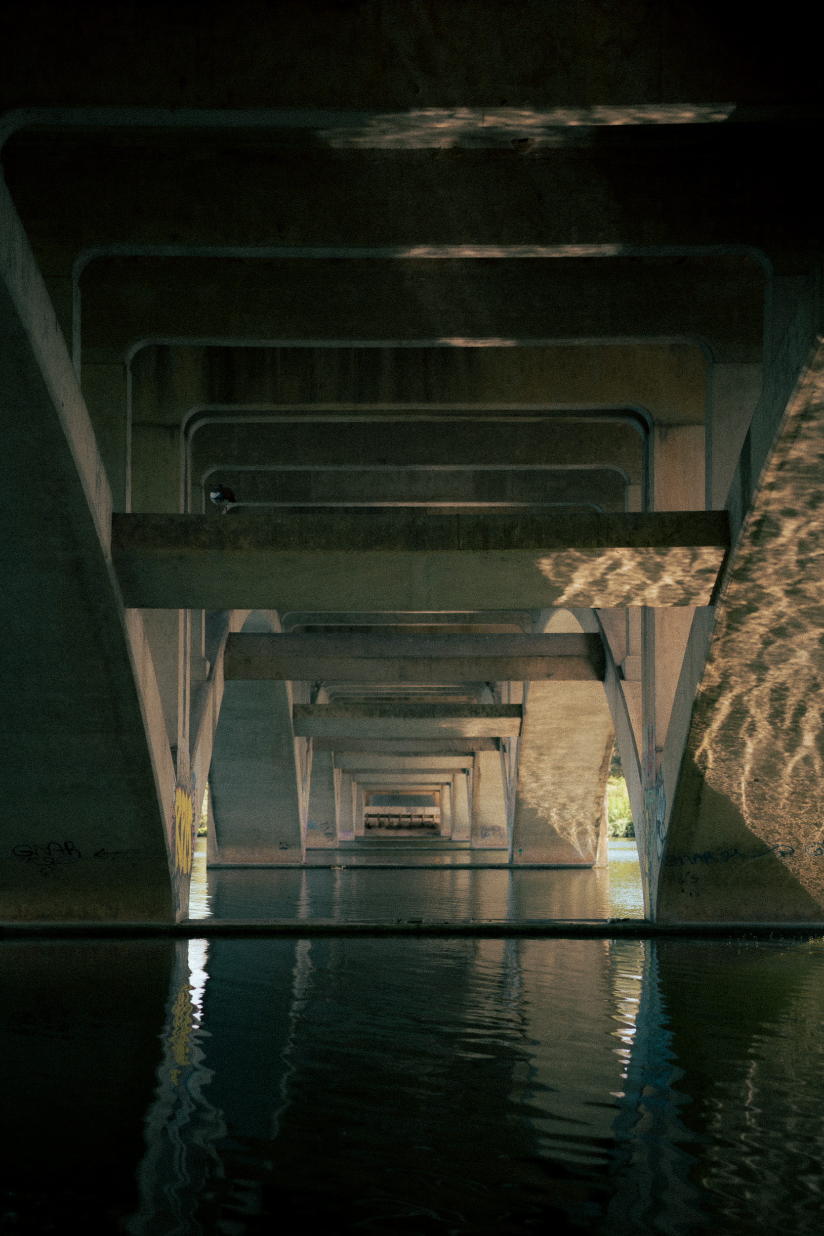 Bridge underside mirrored in still water, Austin