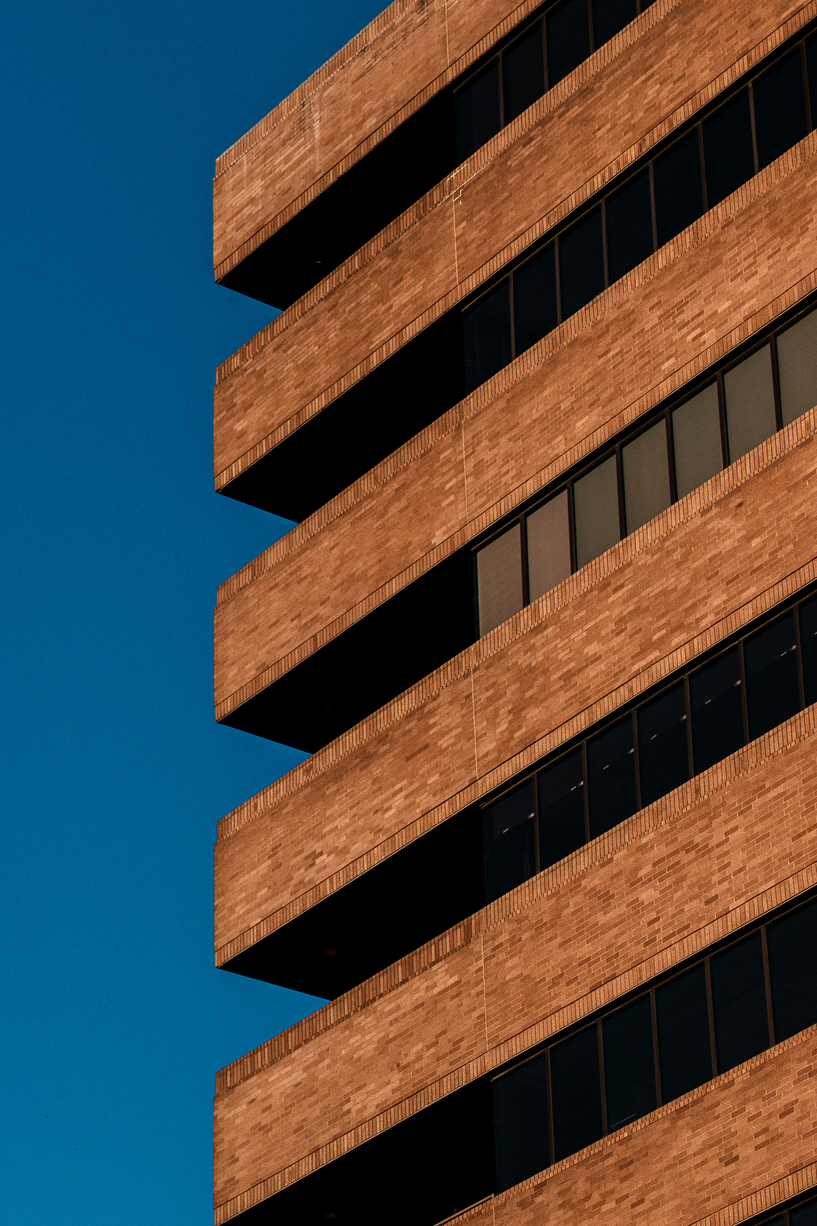 Brick facade against a clear blue sky, Austin